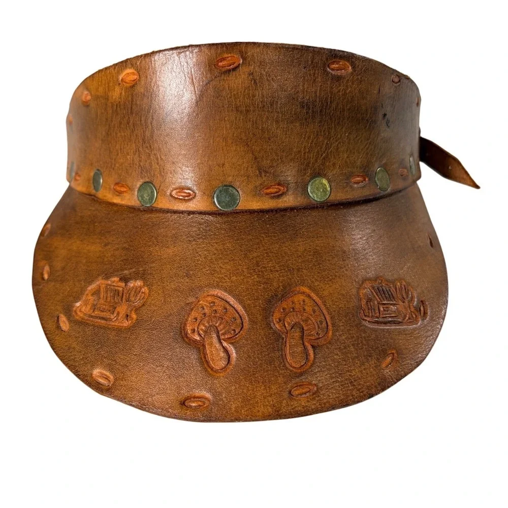 Vintage Hand Tooled Leather Mushroom 70s Visor Boho Hippie Mexico Adjustable Hat